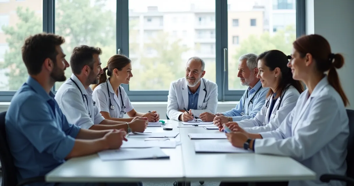 Participants discussing with researchers at a clinical trial center, paperwork and medical charts on a table.