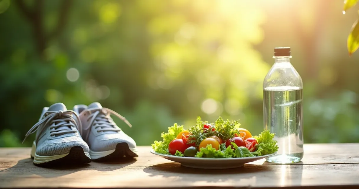 Healthy meal, water bottle, and pair of walking shoes on table