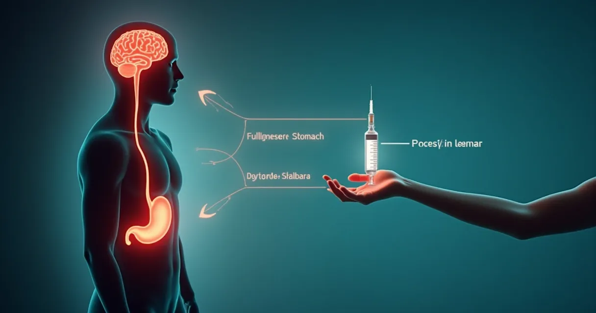 Illustration showing how GLP-1 hormone works in the body, including brain, stomach, and pancreas
