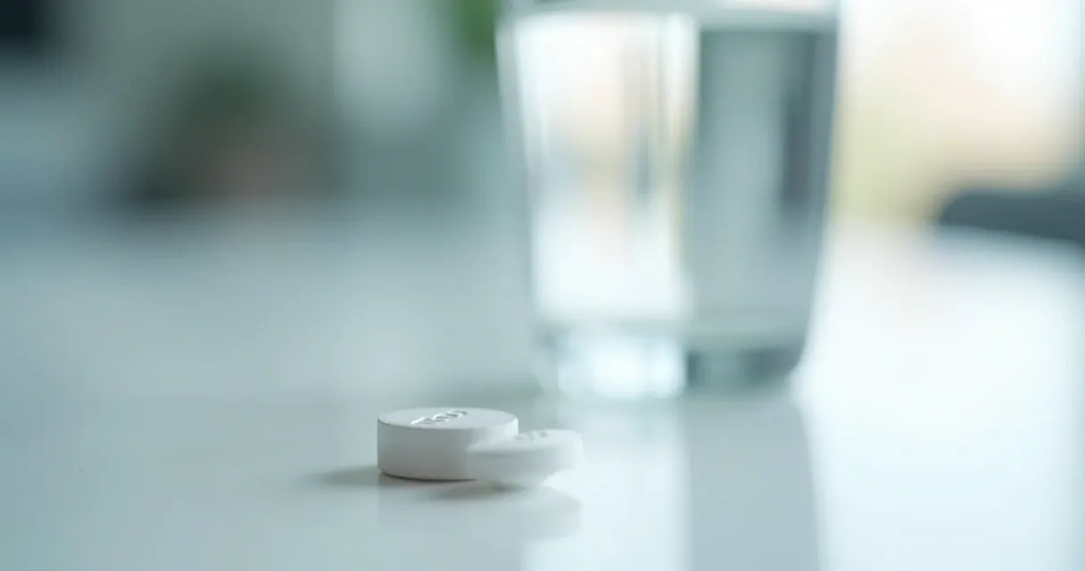 Oral semaglutide tablet with a glass of water on white background