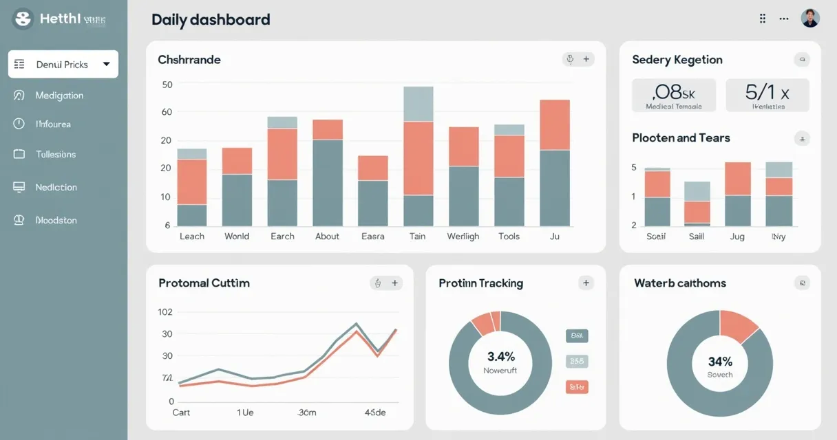 Illustrative health dashboard with charts for medication, protein and water
