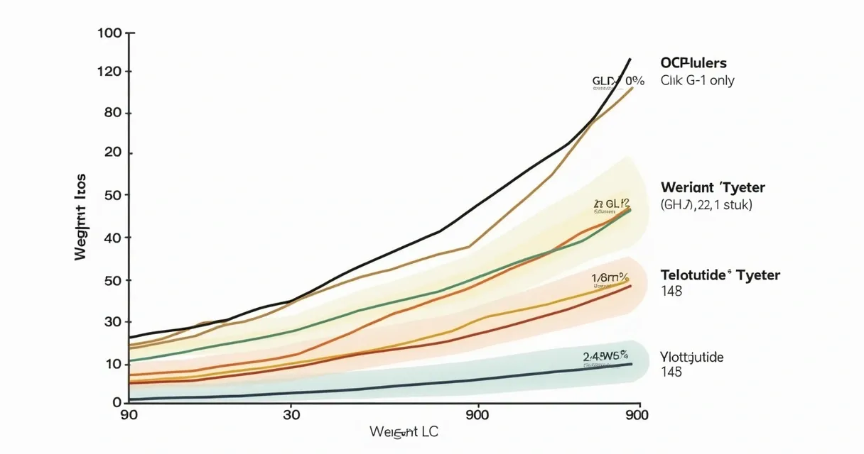 Line chart comparing weight loss percentages from GLP-1, GLP-1/GIP, and triple agonist medications over time.