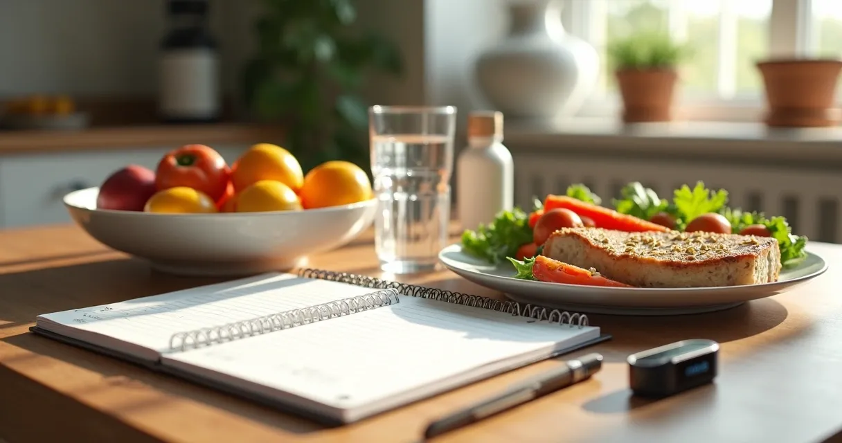 Healthy meal planner with fruits, vegetables, and a glass of water