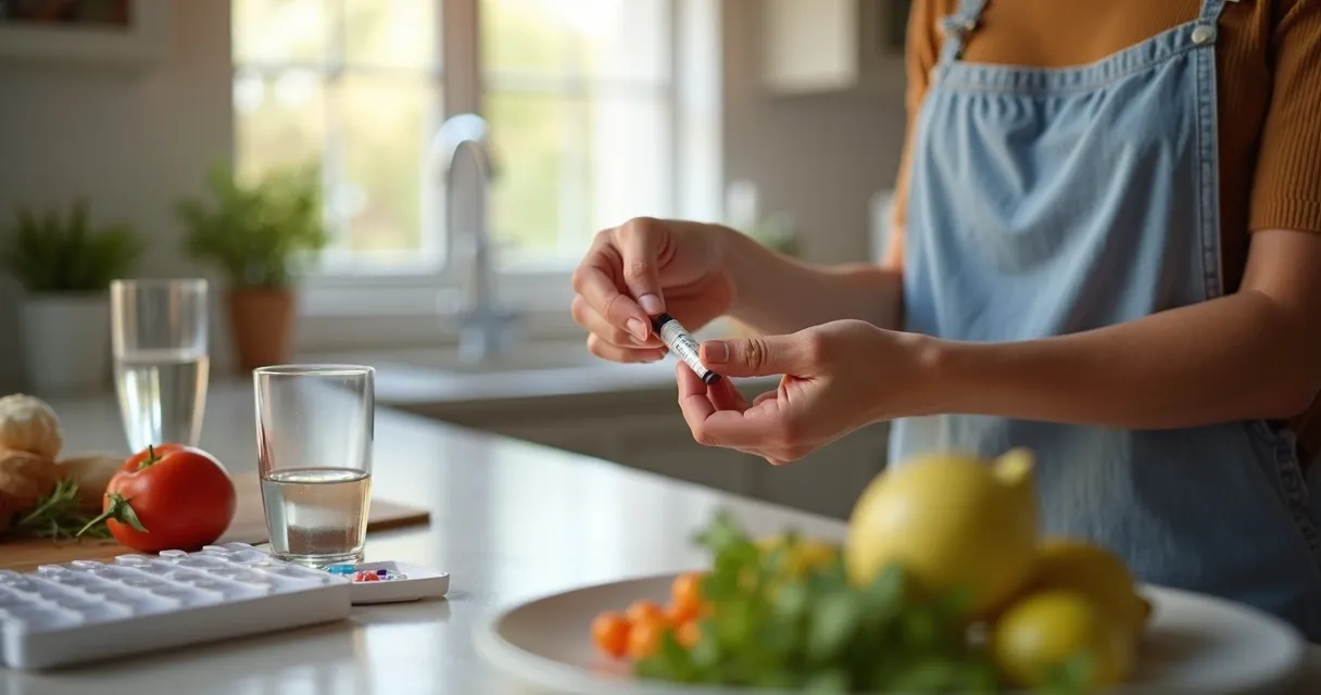 Person preparing GLP-1 injection at a kitchen counter 