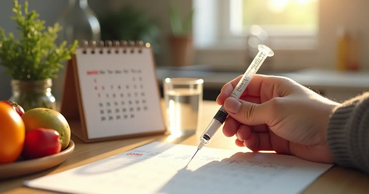Daily Saxenda injection routine with medication, needles, calendar, and a glass of water.