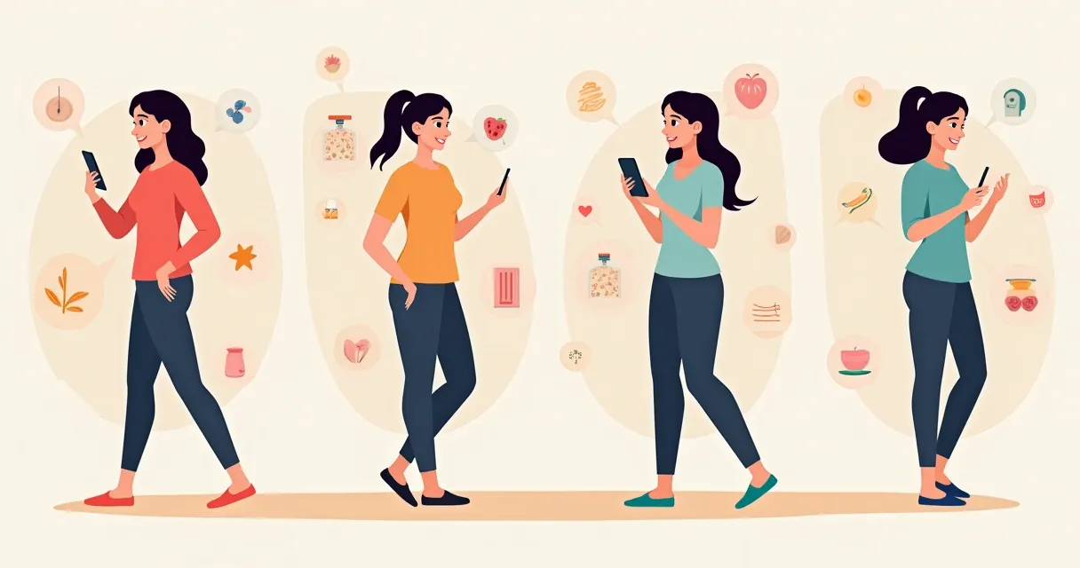 Colorful timeline illustration showing key Ozempic milestones and a person tracking progress on a smartphone.