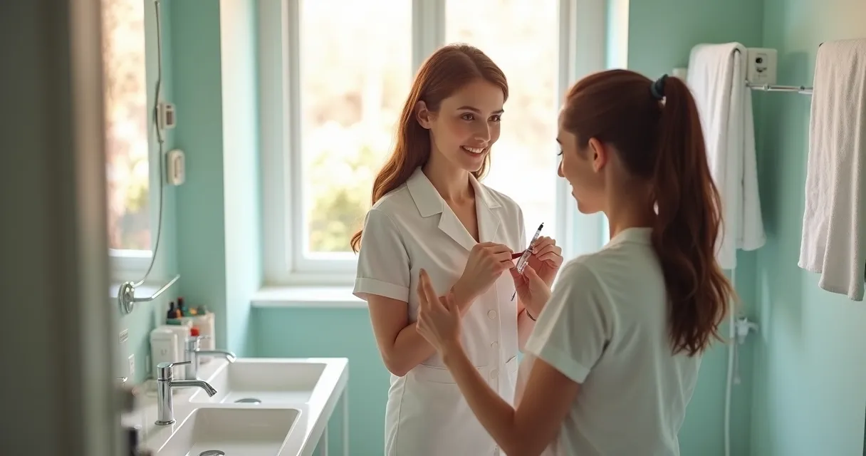 Person self-injecting medication on arm in bathroom