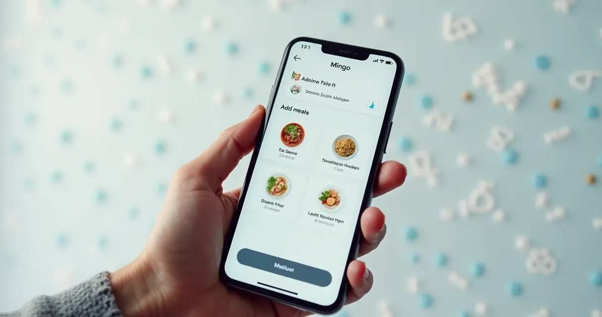 Hand holding phone with Mingo app showing meal entry by voice