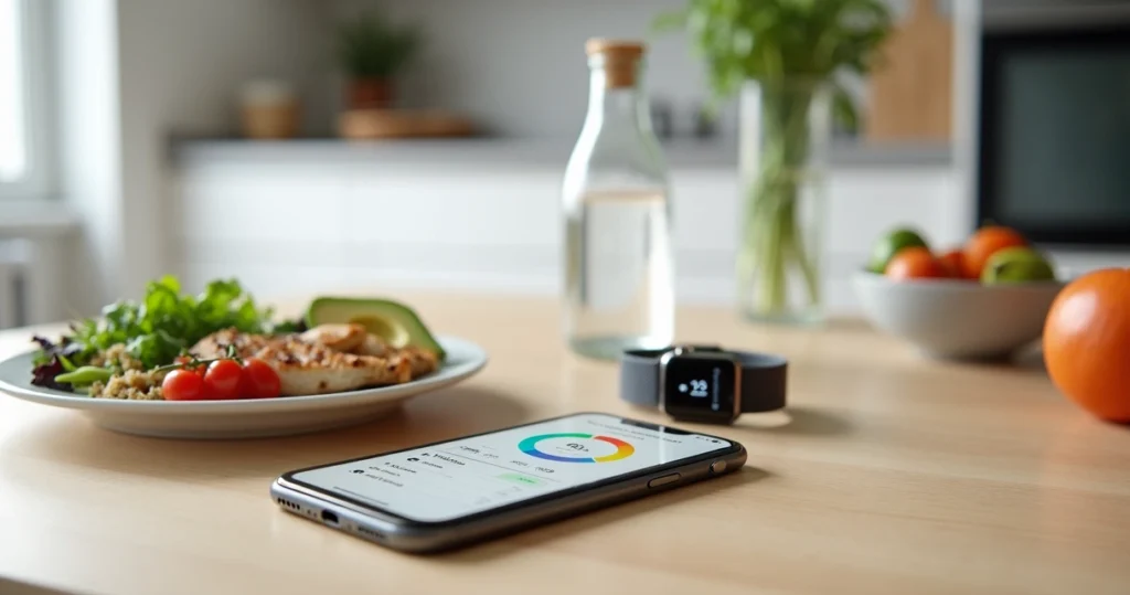 Person using a food tracker app with GLP-1 support on a smartphone beside a healthy meal