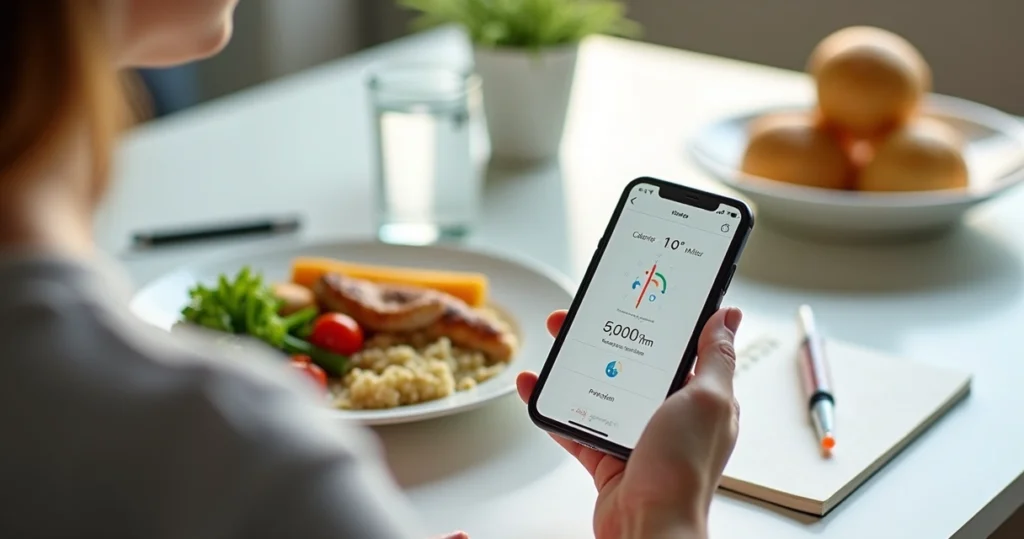 Person using a calorie counting app for GLP-1 on smartphone beside healthy meal