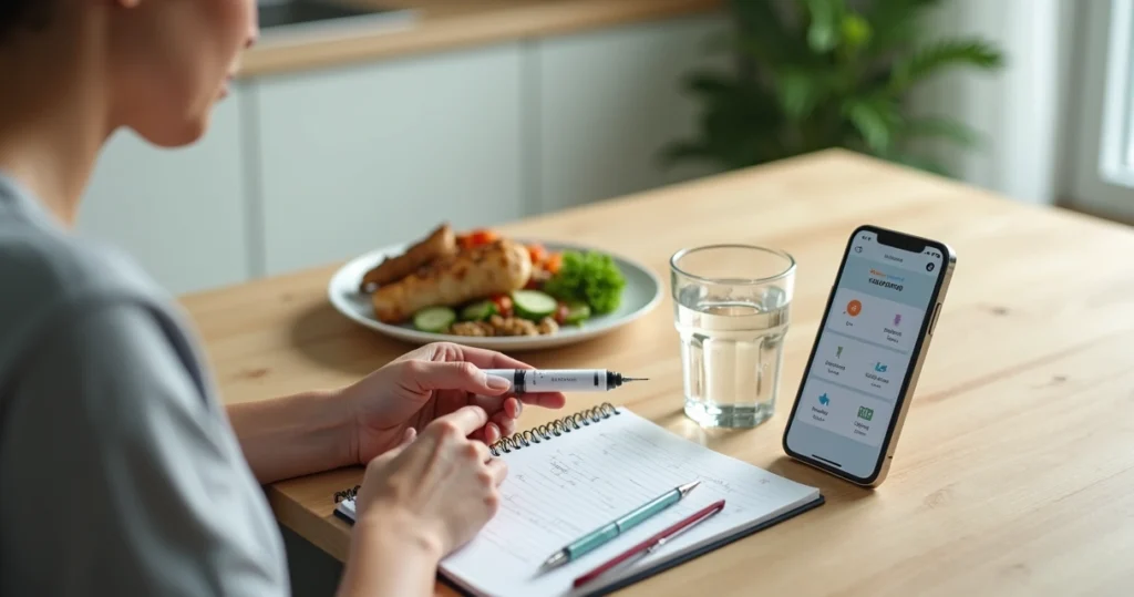 Person holding GLP-1 injection pen while reviewing symptom notes and water glass on table