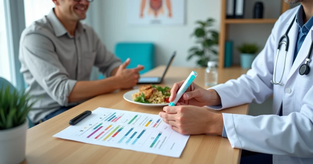 Doctor showing GLP-1 weight loss injection pen to patient at table with healthy food and fitness tracker