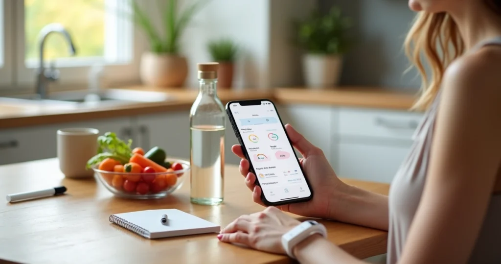 Woman using a smartphone app to track GLP-1 weight loss progress at a kitchen table