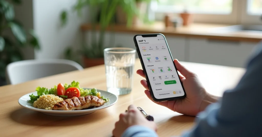 Person using a smartphone app to track GLP-1 weight loss injections and healthy habits