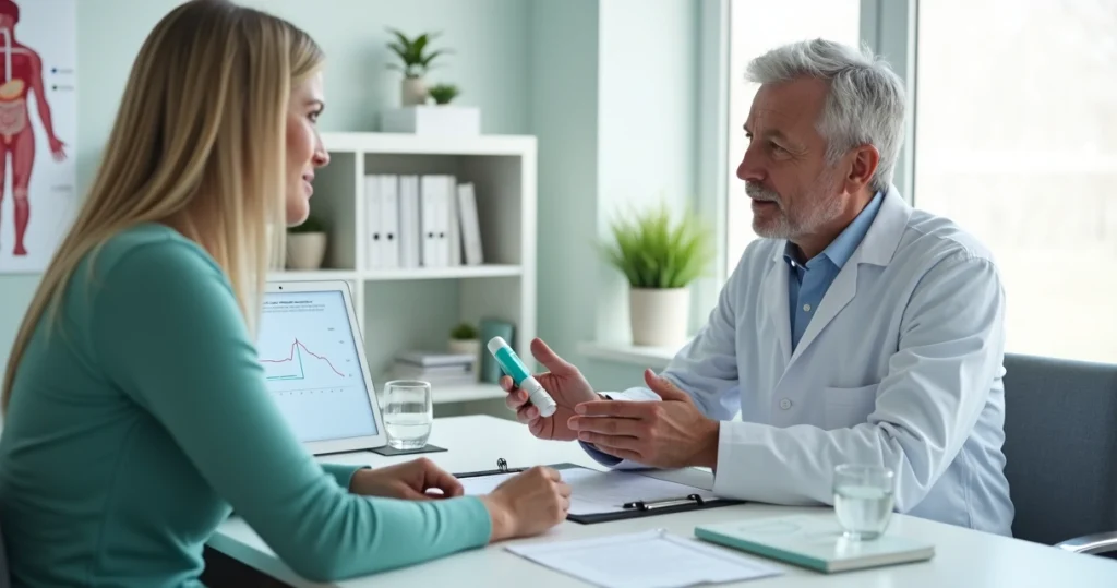 طبيب يعرض قلم مونجارو للمريض أثناء مناقشة فوائد فقدان الوزن والسكري