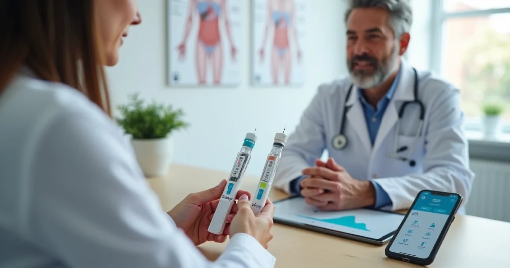 Doctor comparing Ozempic and Wegovy injection pens with patient at a desk