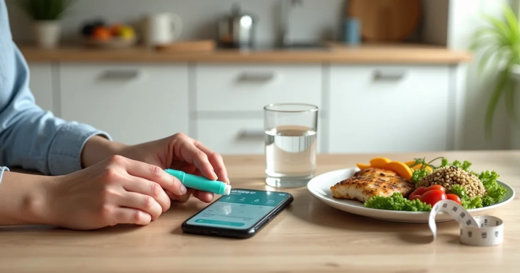 Person using a health tracking app while holding a GLP-1 injection pen
