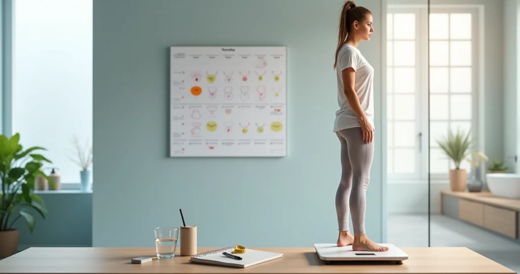 Woman checking weight loss progress on calendar while holding Ozempic pen