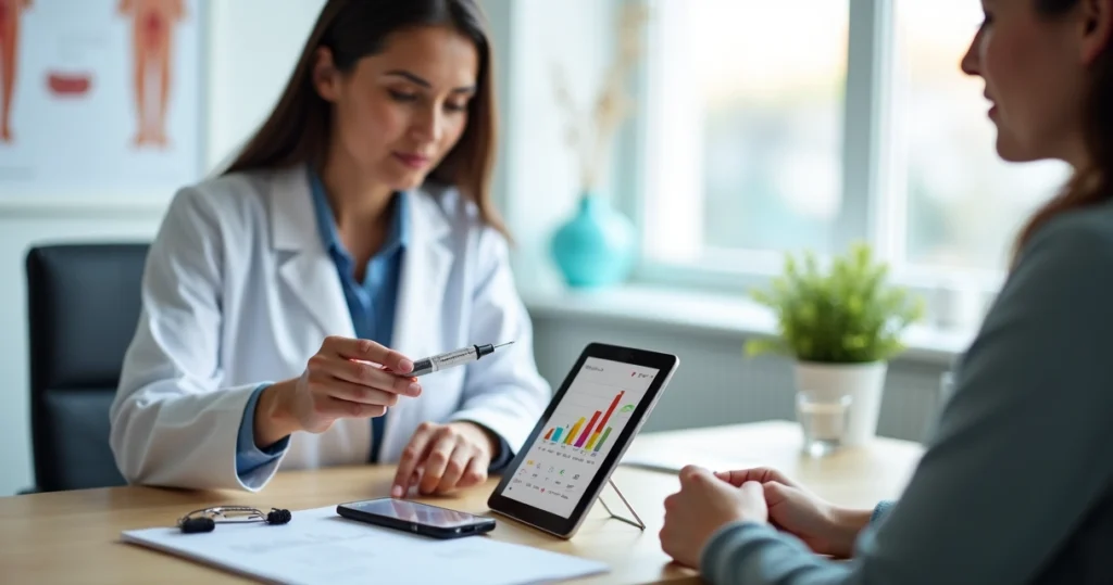 Doctor showing a patient an injectable weight loss medication and body weight chart on a tablet