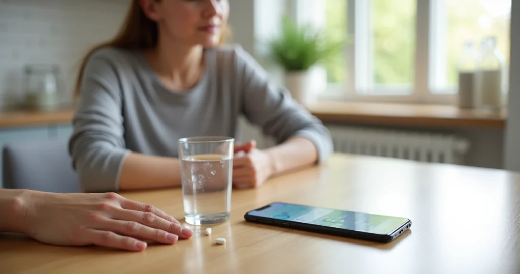 Person at table with Rybelsus pill, glass of water and phone tracking medication and health data