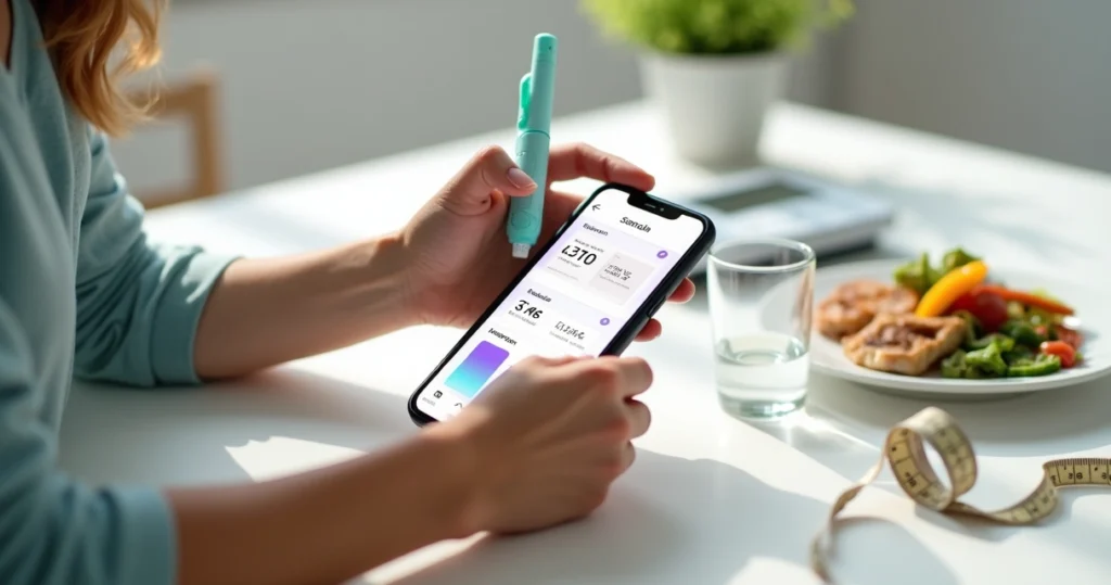 Person holding Saxenda injection pen while tracking weight and health data on a smartphone app