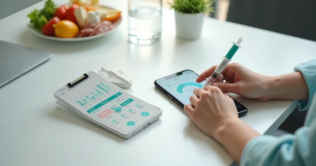 Person holding semaglutide injection pen beside smartphone weight loss tracking app