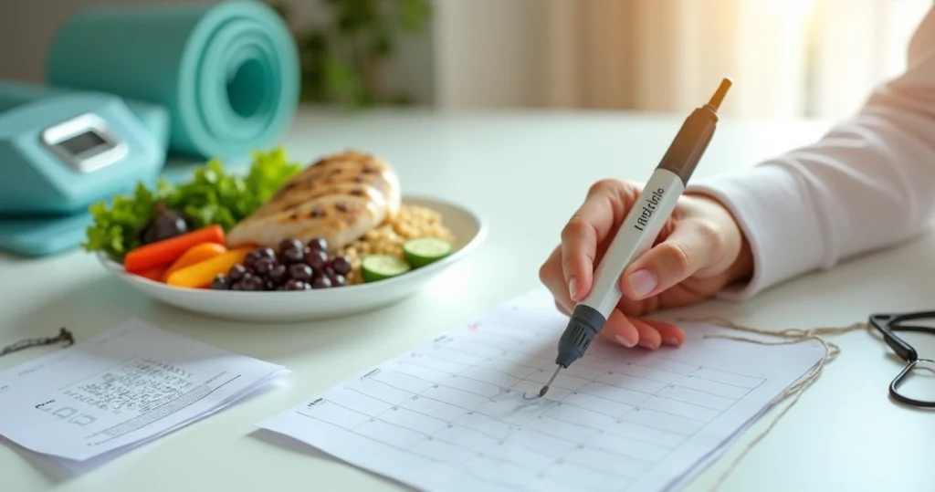Person holding a weekly tirzepatide injection pen beside healthy food and scale