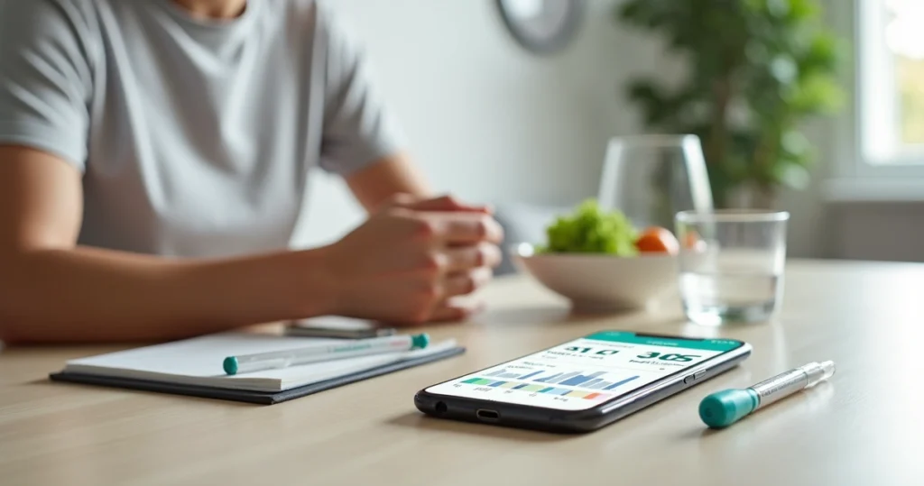 Person using a health tracking app on phone next to Trulicity injection pen