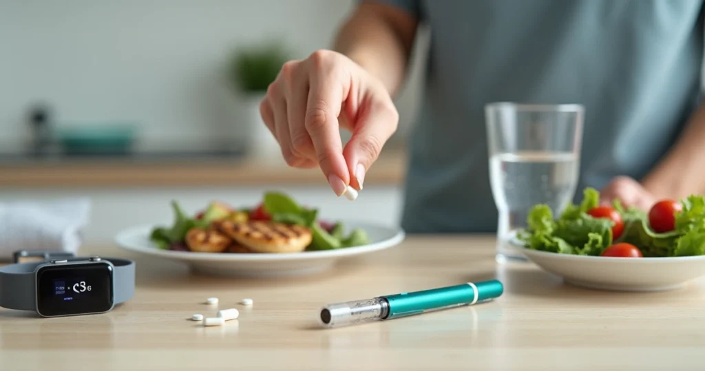 Hand holding a Wegovy pill next to GLP-1 injection pen and healthy food on table