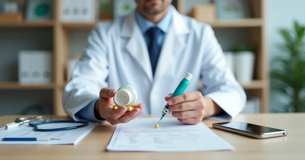 Doctor showing weight loss pills in one hand and a GLP-1 injection pen in the other