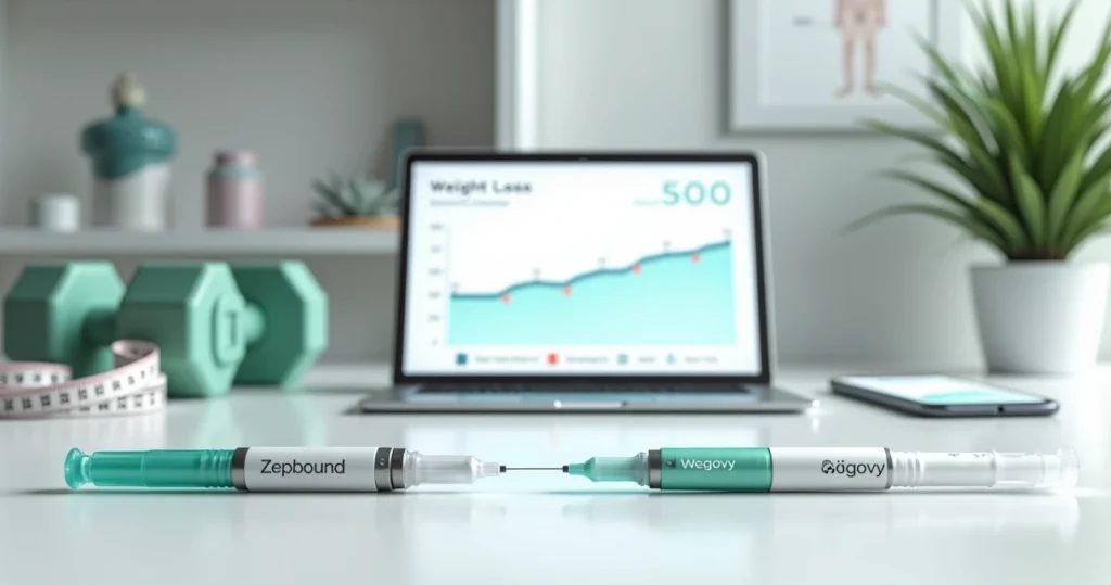 Side by side comparison of Zepbound and Wegovy pens with weight loss icons and charts