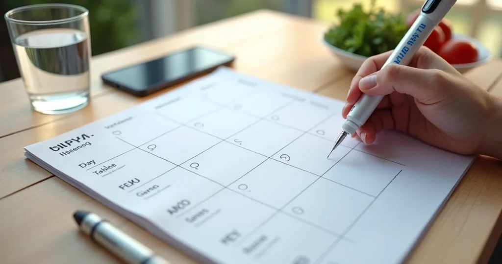 Person marking a weekly injection schedule for Zepbound on a planner with pen and injection pen nearby