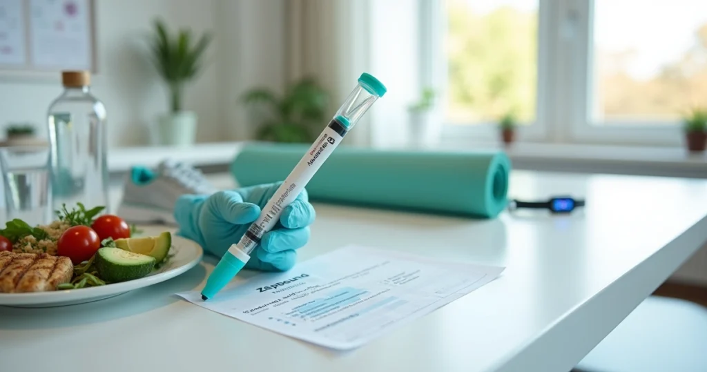 Doctor holding Zepbound injection pen next to healthy food and fitness accessories